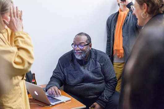 Fred Moten and Wu Tsang, ‘Who Touched Me?’, book launch, presentation and conversation, presented as part of If I Can’t Dance’s Finale for Edition VI – Event and Duration (2015–2016), San Serriffe, Amsterdam. Photo: Florian Braakman.
